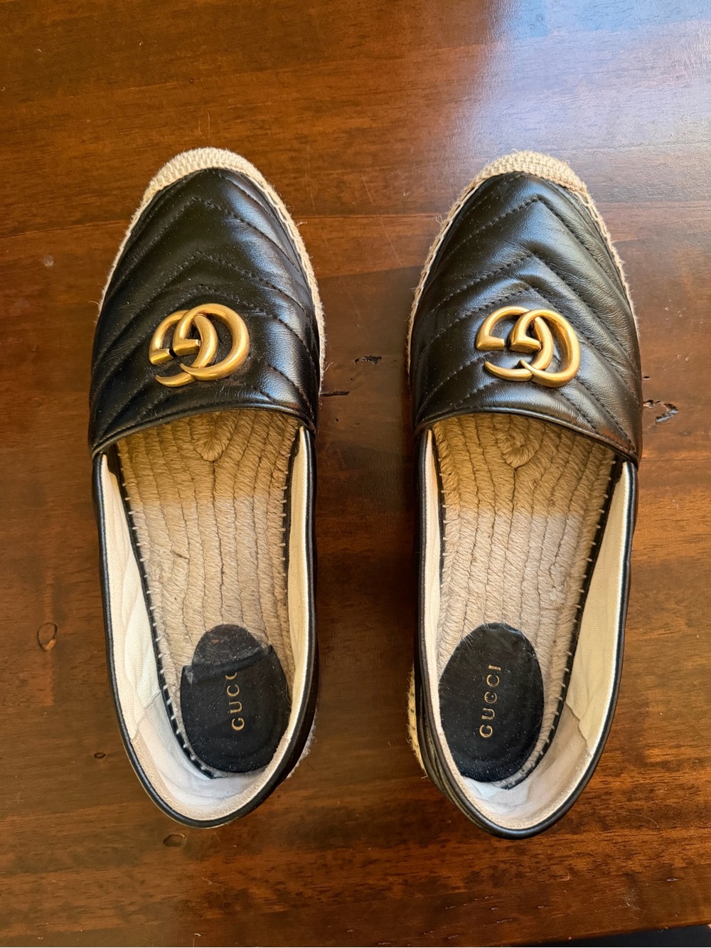 Gucci Black Quilted Leather Espadrille Flats with Gold Double G Hardware